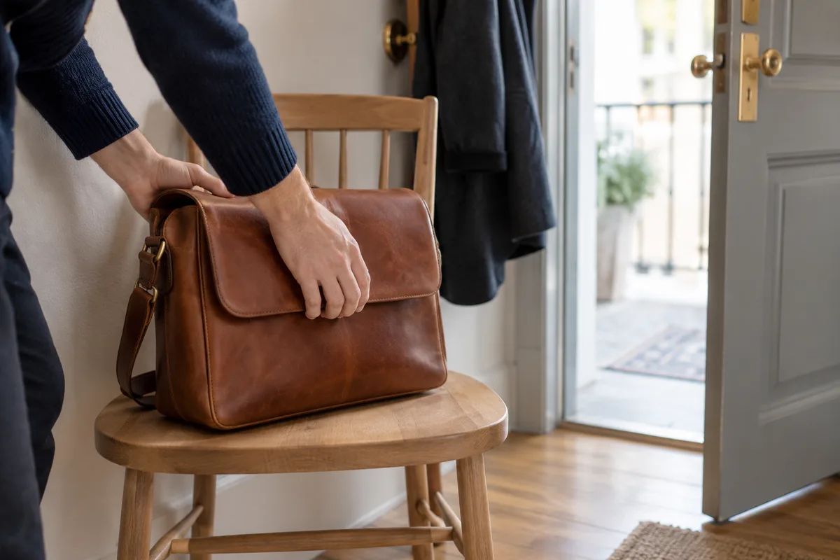 Mains posant une sacoche en cuir sur une chaise près d’une porte d’entrée