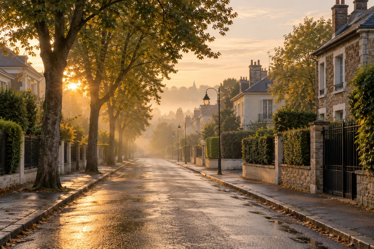 Rue pavillonnaire calme au petit matin dans une banlieue résidentielle