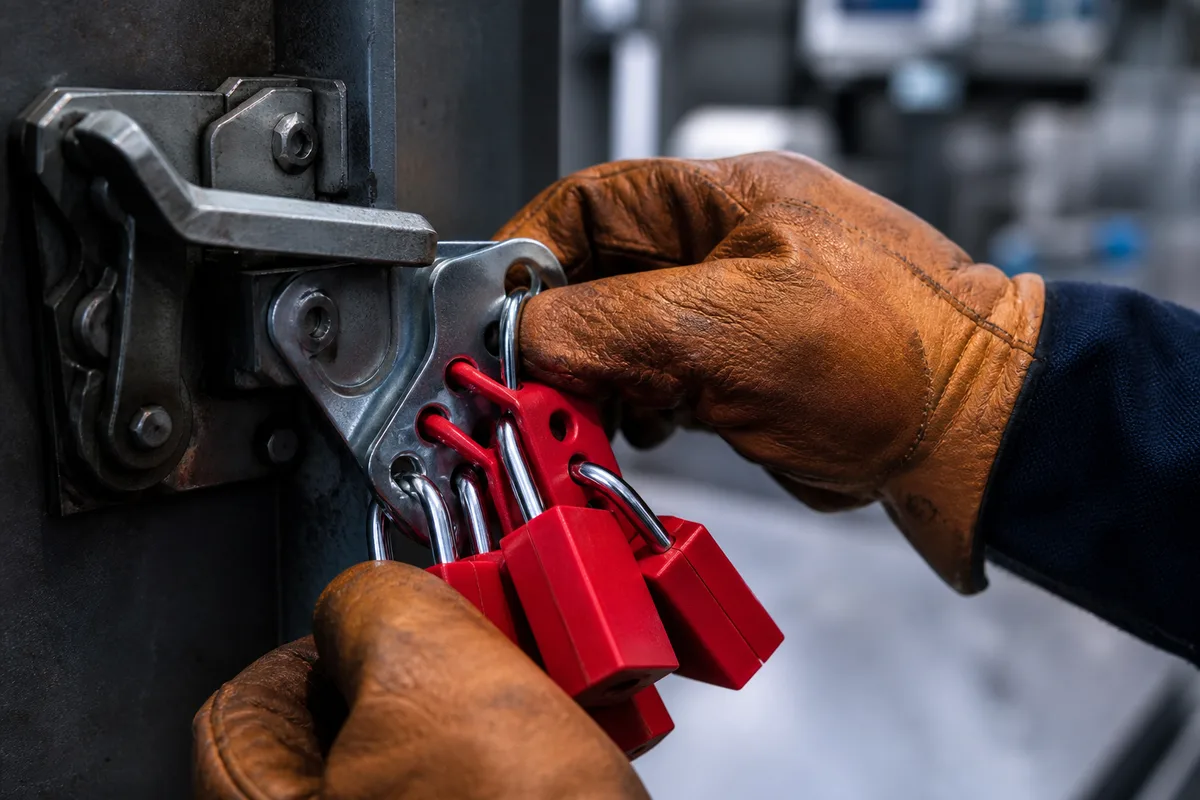 Deux intervenants de dos en tenue de sécurité traversant une allée d’atelier industriel