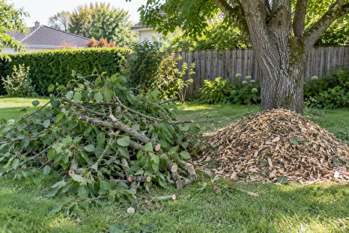 Tas de branches coupées et copeaux de broyage au pied d’un arbre dans un jardin