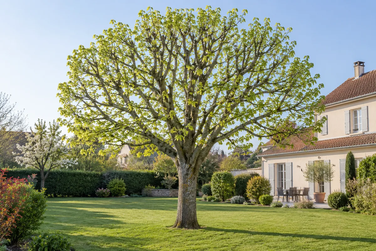 Grand tilleul taillé dans un jardin pavillonnaire au début du printemps